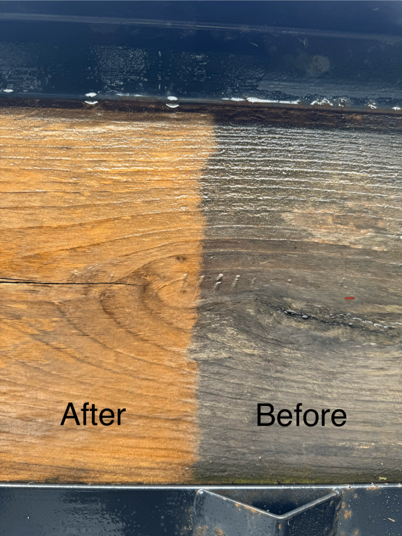 Side-by-side comparison of a weathered trailer before and after pressure washing by Platinum Property Wash